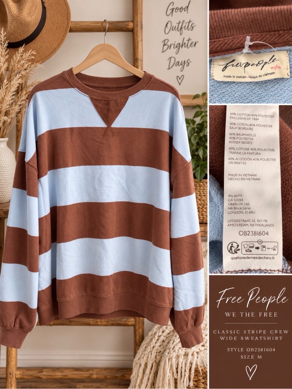Free People We The Free Classic Stripe Crew Wide Sweatshirt Brown Multi M